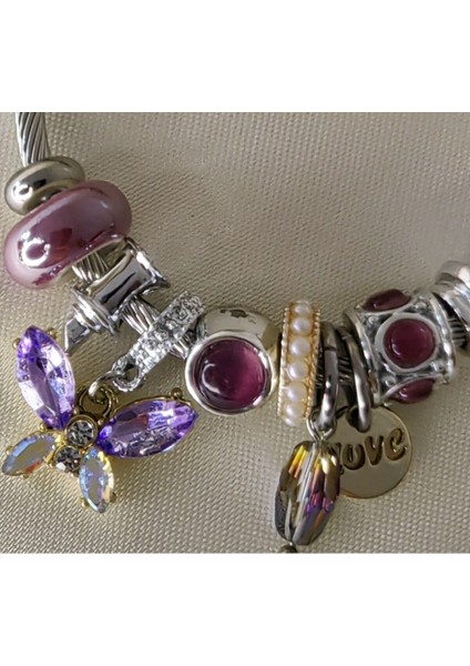 Lila Kelebek ve Love Charmlı Çelik Bileklik fiyatları
