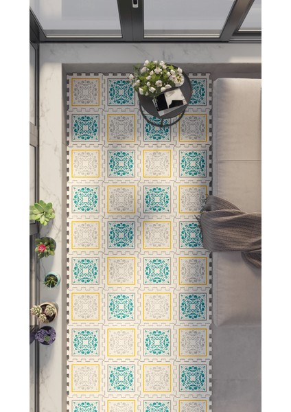 Dijital Baskılı Renkli Kare Desenli Balkon Halısı Yolluk Yapboz Puzzle Japon Halı