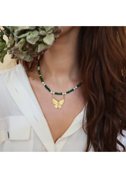 Rajewelery Yeşil Cam Boncuklu Gerçek Inci ve Altın Kaplama Kelebek Kolye fiyatları