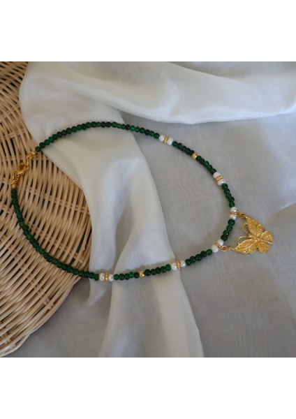 Rajewelery Yeşil Cam Boncuklu Gerçek Inci ve Altın Kaplama Kelebek Kolye modelleri
