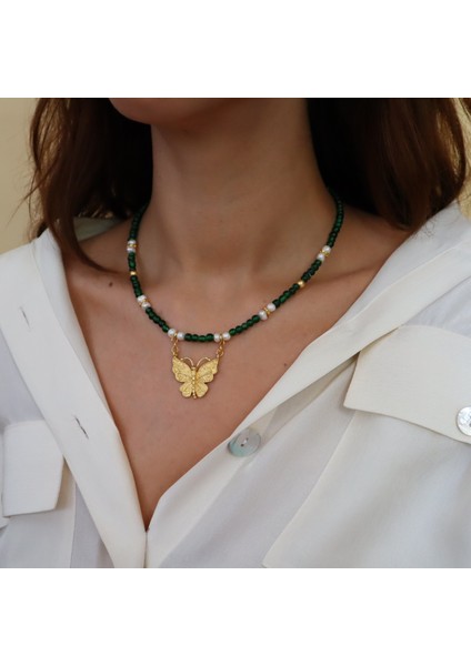 Rajewelery Yeşil Cam Boncuklu Gerçek Inci ve Altın Kaplama Kelebek Kolye fırsatları