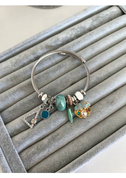 Çelik Turkuaz Rengi Midye ve Inci Detaylı Model Bileklik