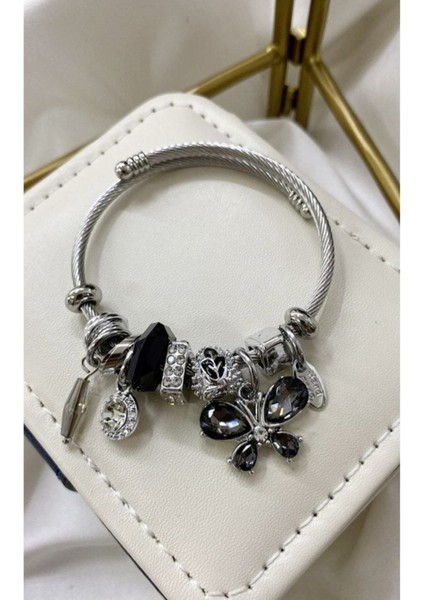 Çelik Siyah Kelebek Charm Bileklik