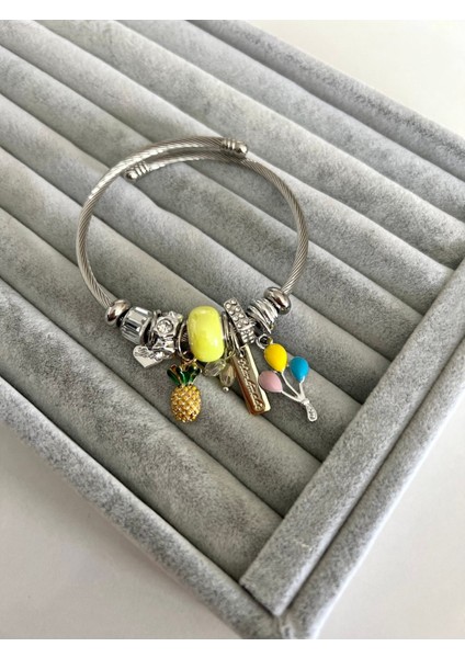 Çelik Sarı Boncuklu Balon ve Ananas Modelli Bileklik