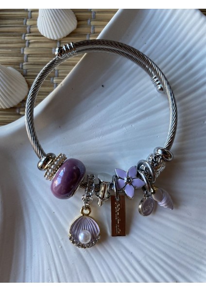Mor Deniz Kabuğu Charmlı Inci Detaylı Çelik Bileklik