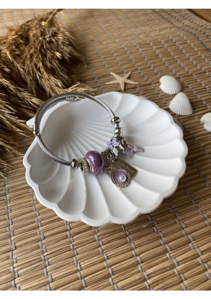Mor Deniz Kabuğu Charmlı Inci Detaylı Çelik Bileklik modelleri