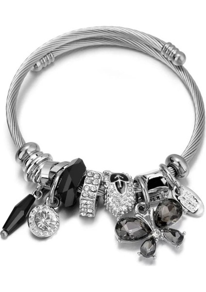 Siyah Kristal Kelebek Charmlı Çelik Bileklik
