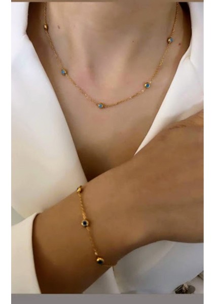 Kadın Çelik Nazar Boncuklu Kolye ve Bileklik