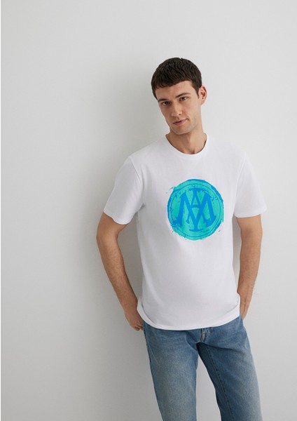 M0612006-620 Beyaz Erkek Regular Mavi Logo T-Shirt