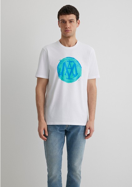 M0612006-620 Beyaz Erkek Regular Mavi Logo T-Shirt