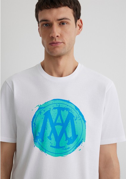 M0612006-620 Beyaz Erkek Regular Mavi Logo T-Shirt