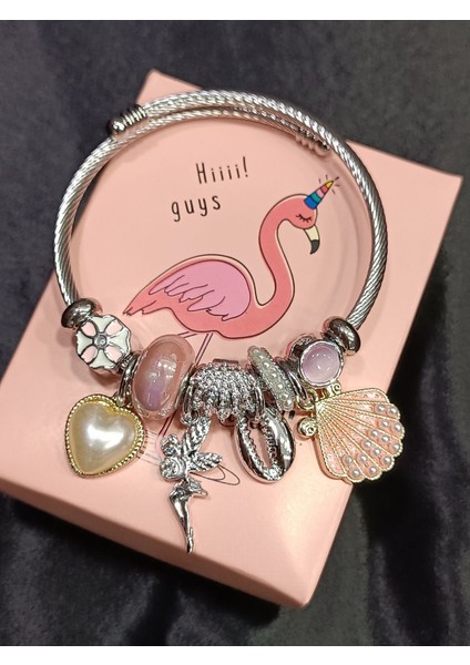 , Charmlı Pembe Deniz Kabuğu Charmlı Çelik Bileklik