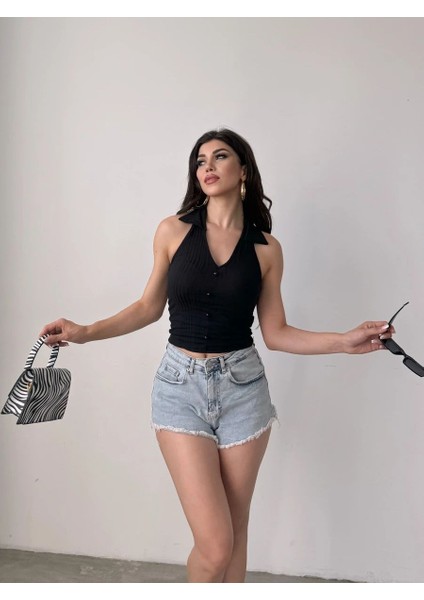 Sırt Dekolteli Polo Yaka Bluz