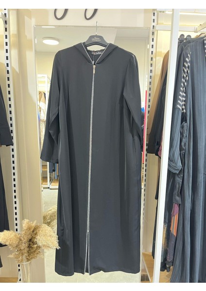 Kapşonlu Biyeli Ferace Siyah 12408