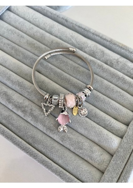 Çelik Pembe Rengi Balık Detaylı Model Bileklik