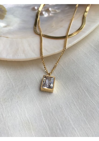 Fcstore Ikili Kombin Beyaz Baget Pırlanta Italyan Zincir Çelik Kadın Kolye Vintage