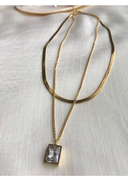 Fcstore Ikili Kombin Beyaz Baget Pırlanta Italyan Zincir Çelik Kadın Kolye Vintage fiyatları