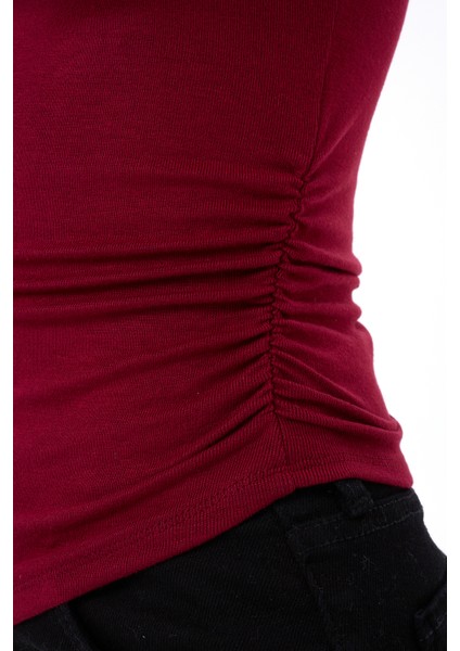 Kadın Bordo Dik Yaka Kısa Kollu Büzgü/Drape Detaylı Fitted/Vücuda Oturan Asimetrik Örme Bluz indirimleri