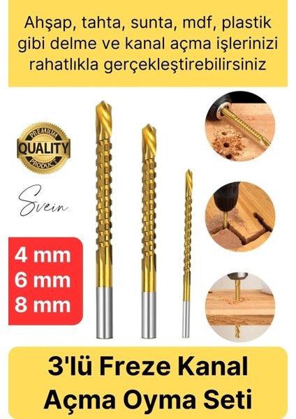Premium Çok Amaçlı 3'lü Freze Matkap Uç Seti Ahşap Tahta Delme Titanyum Kanal Açma Sunta Mdf Oyma