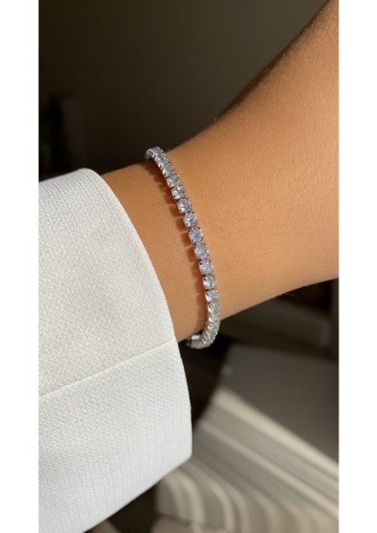 Kararmaz Solmaz Zirkon Taşlı Çelik Su Yolu Bileklik Gümüş