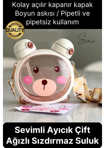 Sevimli Ayıcıklı Çocuk Suluğu Çift Kapaklı Pipetli Boyun Askılı Su Matarası Şişesi Beyaz Sticker