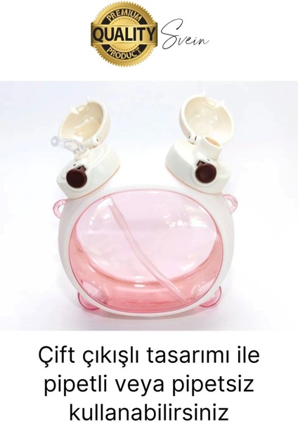 Sevimli Ayıcıklı Çocuk Suluğu Çift Kapaklı Pipetli Boyun Askılı Su Matarası Şişesi Beyaz Sticker