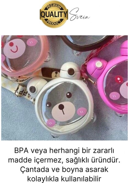 Sevimli Ayıcıklı Çocuk Suluğu Çift Kapaklı Pipetli Boyun Askılı Su Matarası Şişesi Beyaz Sticker