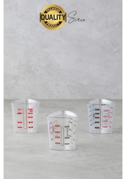Premium 3'lü Set Plastik Ölçü Kabı 12 Çeşit Malzeme Ölçme Şeffaf Mutfak Gereci Galeta Unu Irmik