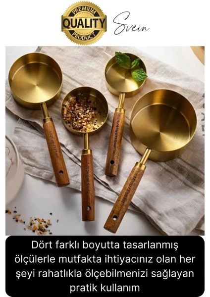 Özel Üretim Ağaç Saplı Paslanmaz Çelik 4 Boy Ölçü Kaşığı Kabı Lüks Şık Doğal Görünüm Otantik Altın fiyatları