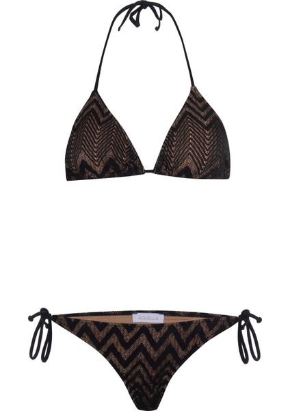 Triko Dokulu Siyah Üçgen Bikini Takım