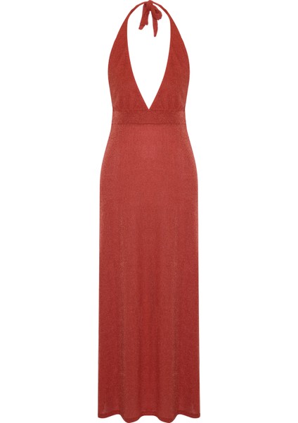 Askılı Oranj Lurex Elbise