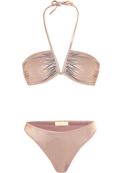 V Aksesuarlı Pudra Straplez Bikini Takım