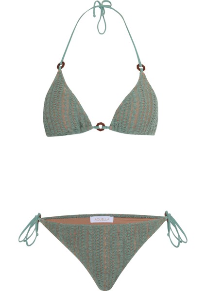 Aksesuarlı Triko Haki Üçgen Bikini Takım