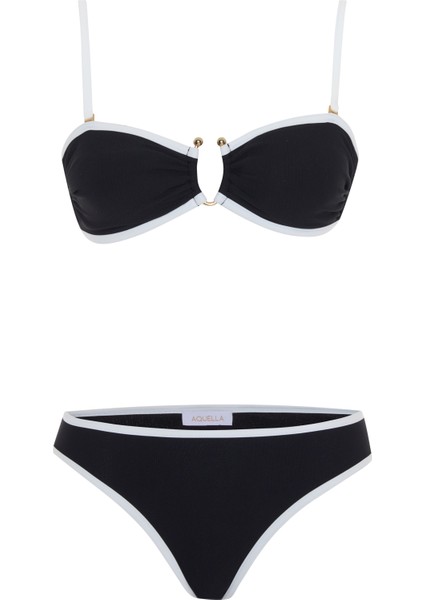 U Aksesuarlı Beyaz Biyeli Siyah Bikini Takım