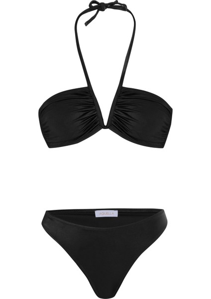 V Aksesuarlı Siyah Straplez Bikini Takım