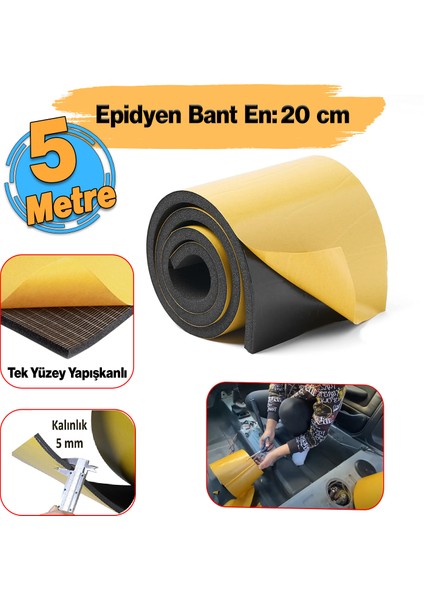 Yapışkanlı (5 MM EN:20 CM X 5 MT) Oto Araç Motor Ses Isı Yalıtım Izolasyon Bandı Kauçuk Sünger