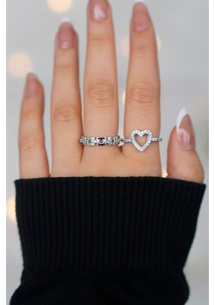 2 Adet Ayarlanabilir Gümüş Zirkon Taşlı Kadın Yüzük Set