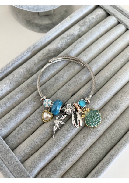 Çelik Mavi Boncuklu Su Perisi Detaylı Model Bileklik