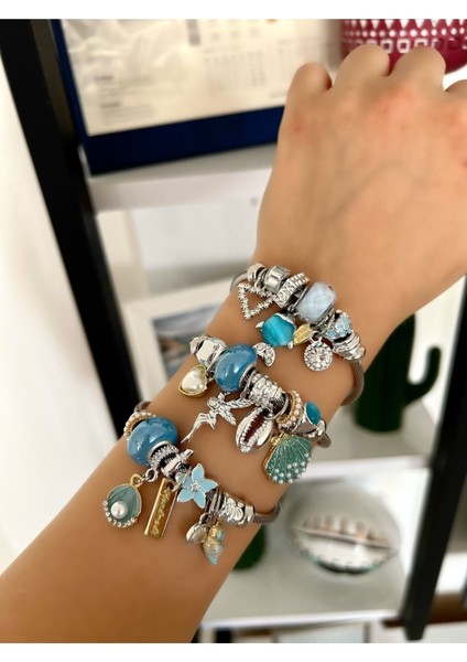 Çelik Mavi Boncuklu Su Perisi Detaylı Model Bileklik modelleri