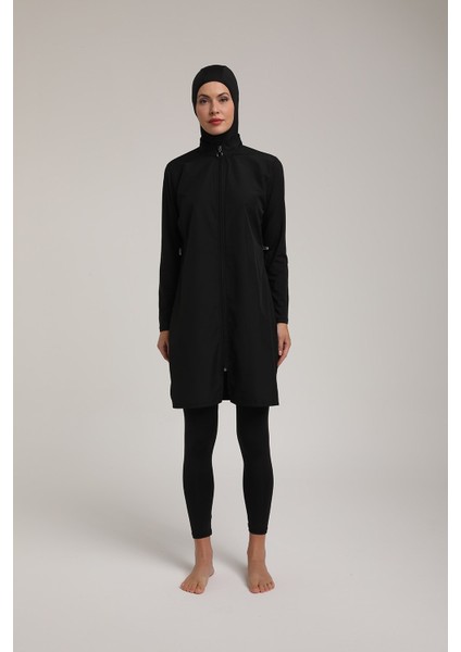Kadın Düz Siyah Fermuarlı Tam Kapalı Tesettür Mayo T 5420