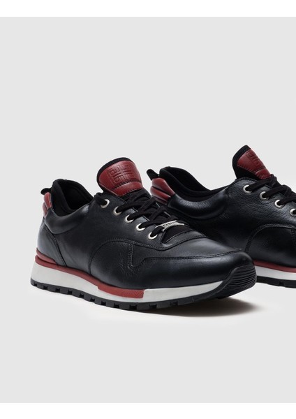 Hakiki Deri Bordo Renk Detaylı Bağcıklı Siyah Erkek Spor Ayakkabı indirimleri