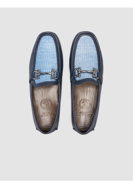 %100 Hakiki Deri Lacivert Örgü Detaylı Erkek Loafer