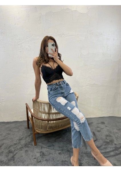 Kadın Dar Paça Yırtık Desen Orta Indigo Denim Pantolon fırsatları