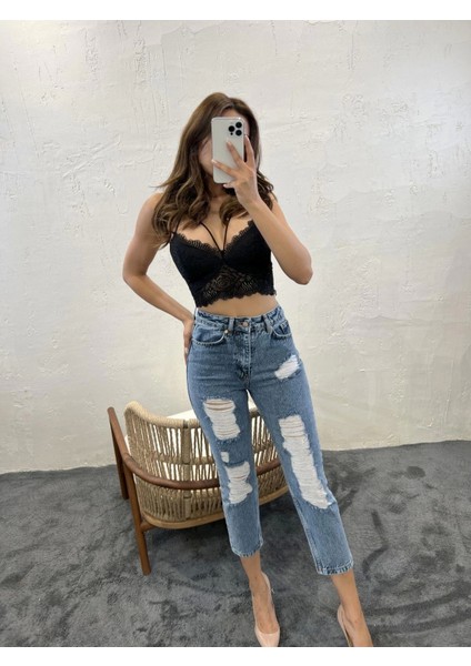 Kadın Dar Paça Yırtık Desen Orta Indigo Denim Pantolon indirimleri