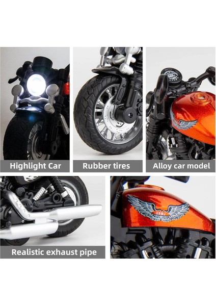Alev Desenli Farı Yanabilen Müzikli Metal Oyuncak Motor Harley Motorsiklet 14 Cm.