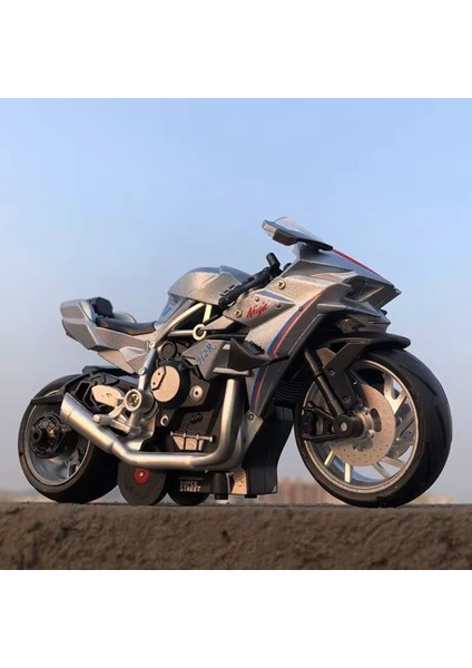 Kawasaki Ninja H2R Farı Yanabilen Motor Müzikli Metal Oyuncak Motosiklet 14 Cm. Gri Siyah Kırmızı