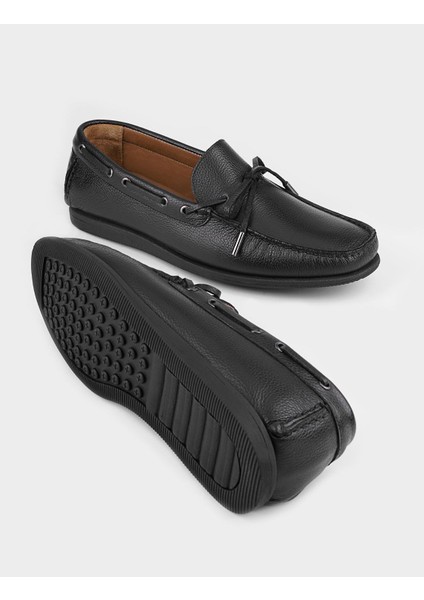 Erkek Hakiki Deri Bağcık Detaylı Siyah Loafer Ayakkabı indirimleri