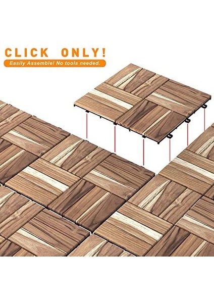 Real Wood 'gerçek Teak' Klasik,yüzeyi Işlenmemiş, Kilitli Karo Deck, 30×30 cm (10'luk Paket), Iç ve Dış Mekan Kullanımı Için Kolay Kurulum Yer Karosu, 12 Çıtalı/karo, Fsc Sertifikalı