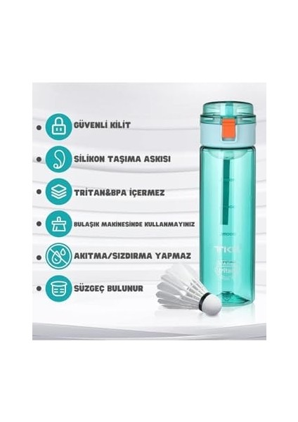 550ML Pipetsiz Rahat Içim Kilitlenebilir Kapak Taşıma Kulplu Tritan Su Matarası (Turkuaz)