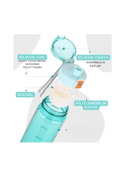 550ML Pipetsiz Rahat Içim Kilitlenebilir Kapak Taşıma Kulplu Tritan Su Matarası (Turkuaz)